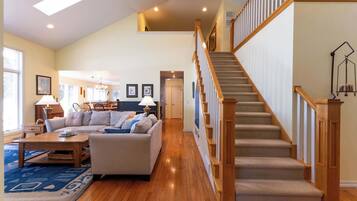Smart TV, fireplace, books, music library