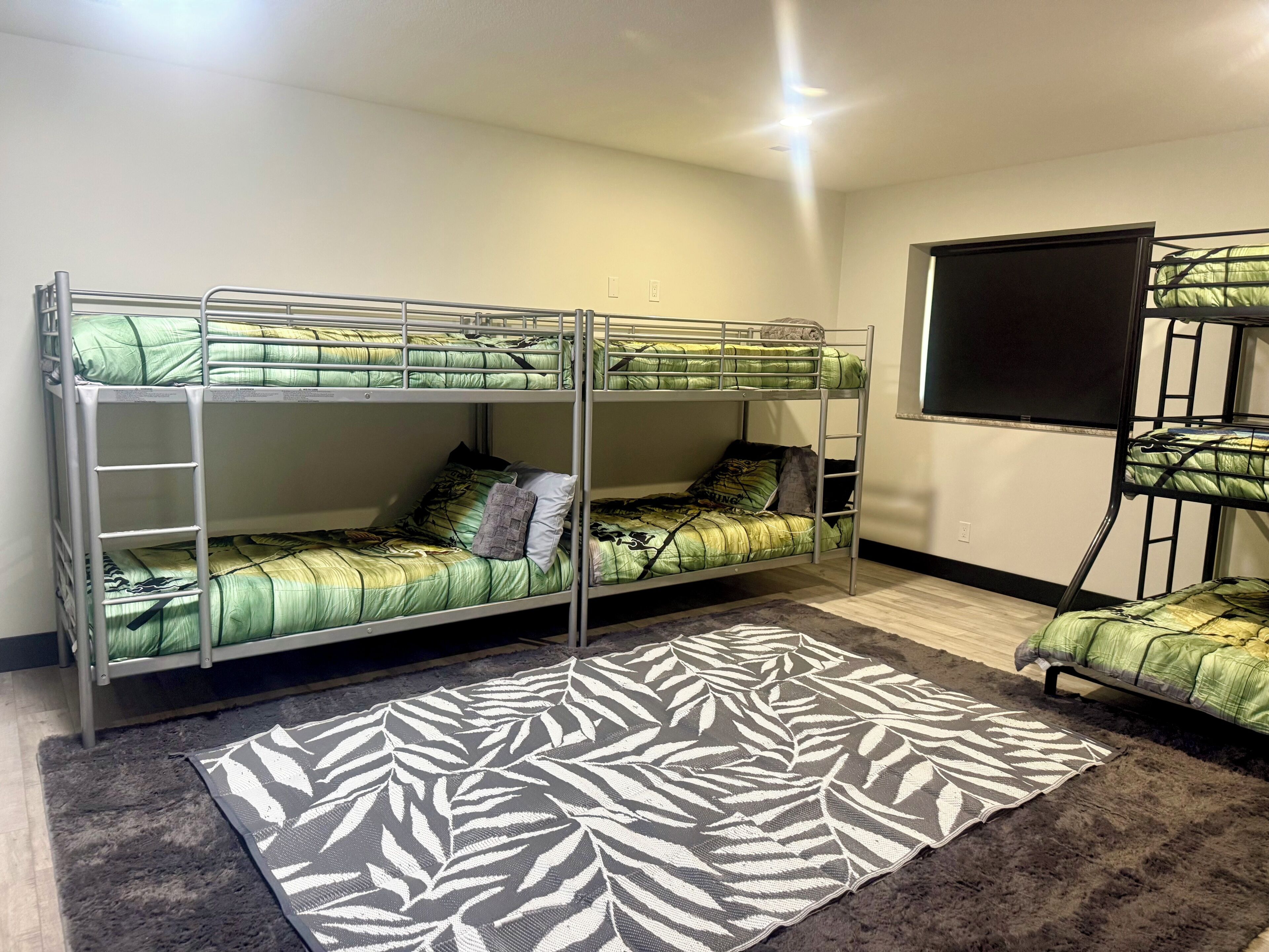 A bunk bed room with a patterned rug, a television, and a window.