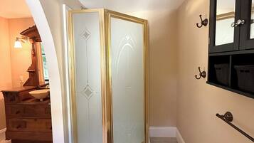A bathroom with a vanity, a shower enclosure, and a mirror.