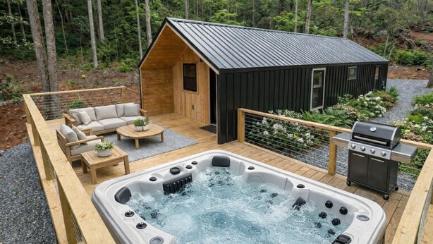 Une terrasse en bois avec un jacuzzi, un barbecue et un petit chalet doté d’un toit en métal.