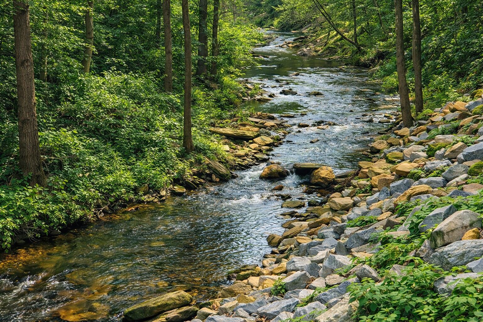 A river flowing through a forested area with rocks and trees.