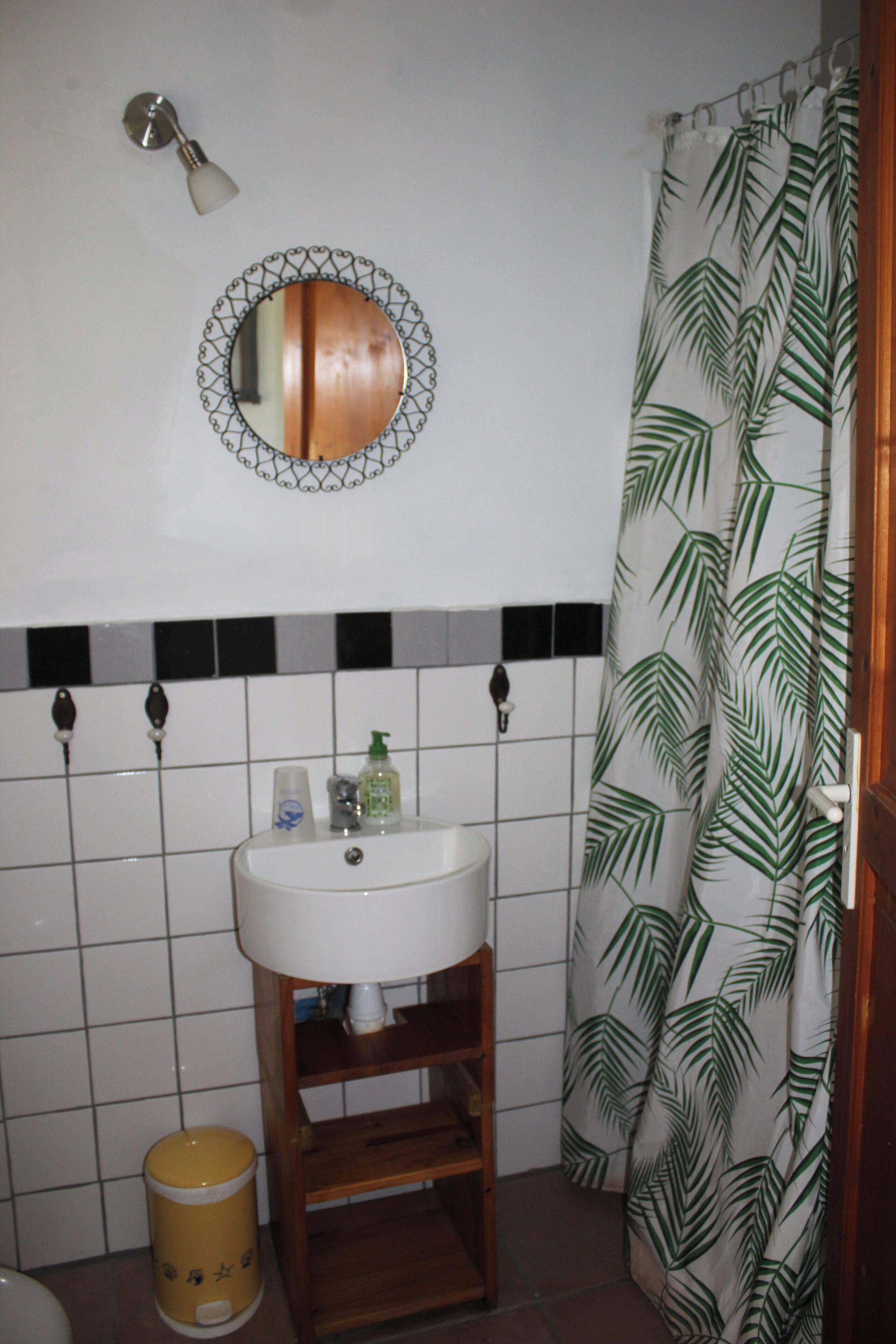 Ein Badezimmer mit weißem Waschbecken, einem Spiegel mit dekorativem Rahmen, einer Toilette und einer Duschvorhang mit Blätermotiv.
