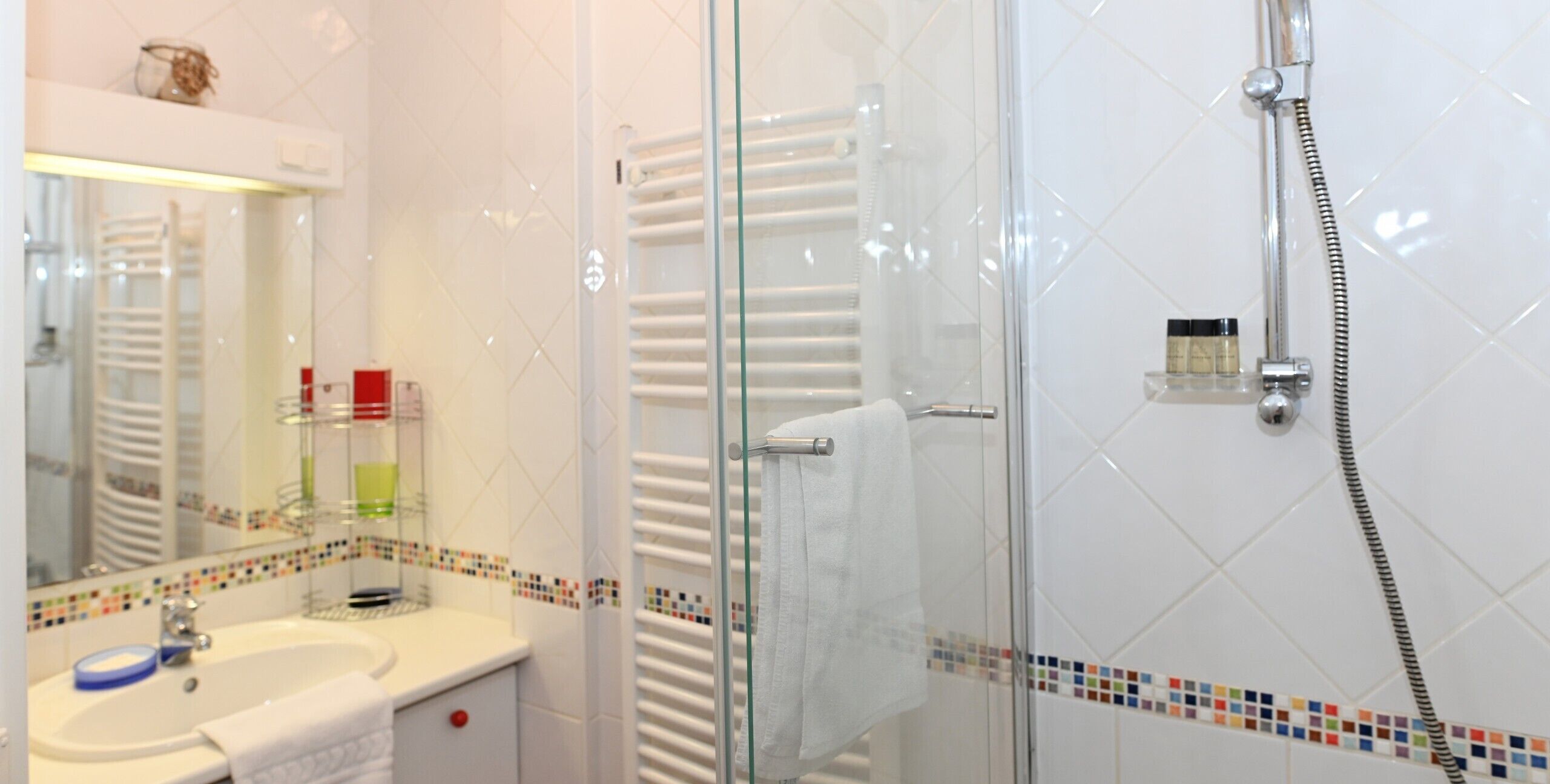 Chuveiro, secador de cabelo, toalhas de banho 