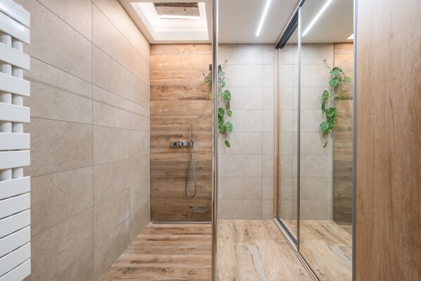 Shower, hair dryer, towels