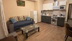 Un espacio habitable compacto con sofá, una mesa de centro de vidrio, lavadora y kitchenette.