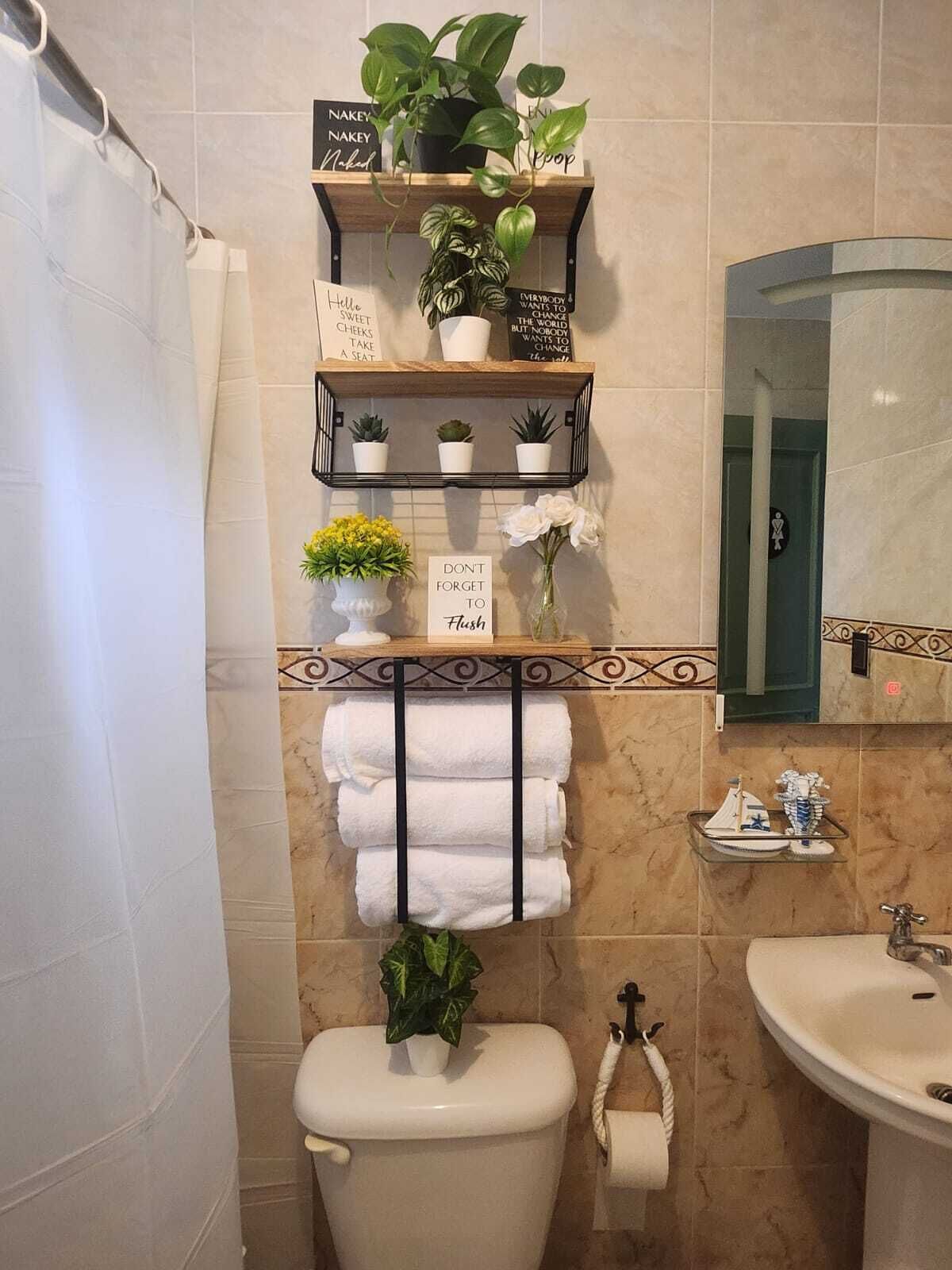 A bathroom with a toilet, sink, and multiple shelves with plants and motivational signs.