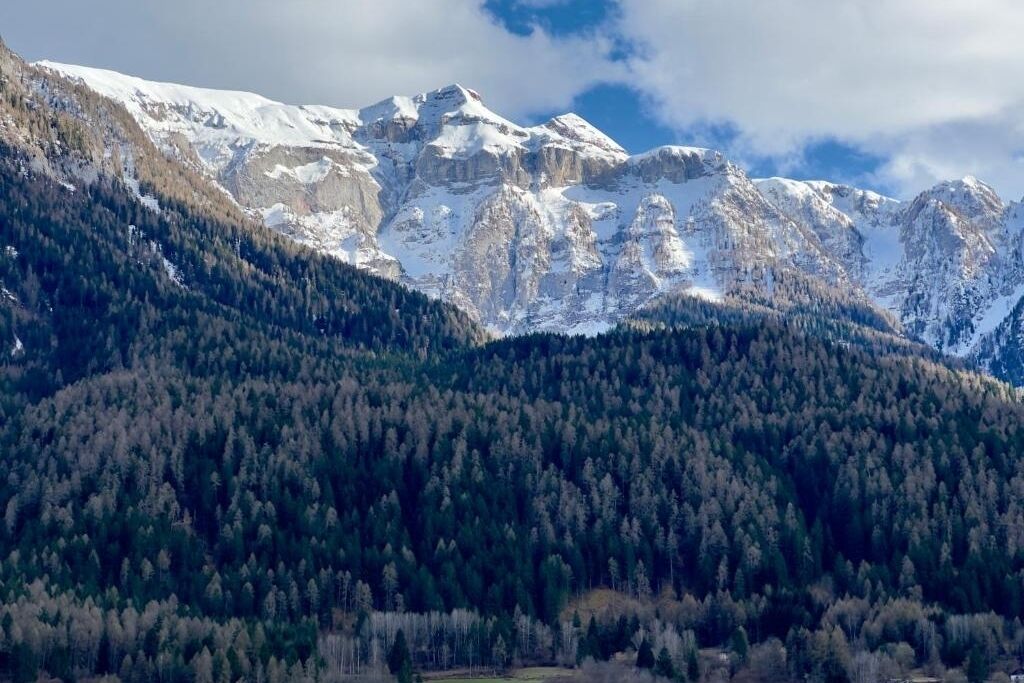 Un paysage montagneux aux sommets enneigés et aux vallées boisées et luxuriantes.