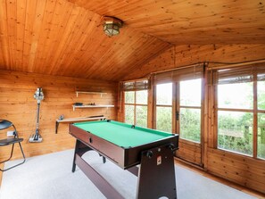 A pool table in a wooden room with windows and shelves. - Vintner's Cottage (Norwich)