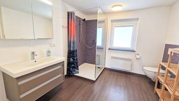 Shower, towels, soap, toilet paper