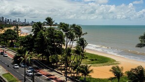 Un paysage urbain côtier avec une plage, des palmiers et une route où circulent des voitures.