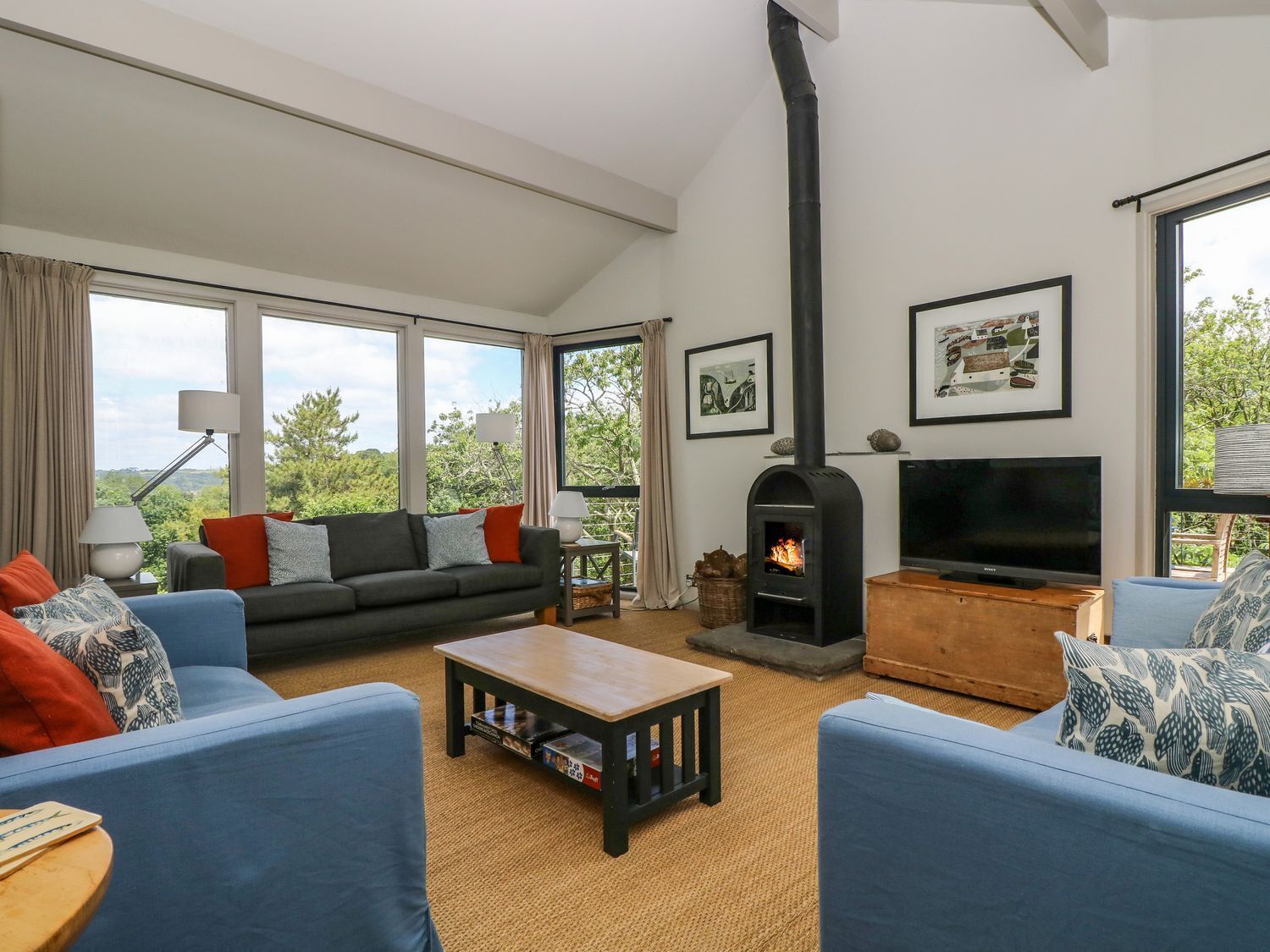 A modern living room with a fireplace, large windows, and a television.