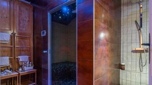 Een spa-ruimte met een houten kast, een bank met handdoeken, een betegelde vloer en een douchehoek.