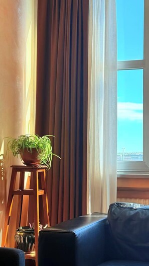 Une pièce avec une fenêtre, des rideaux, un canapé, une petite table avec une plante et un vase décoratif.