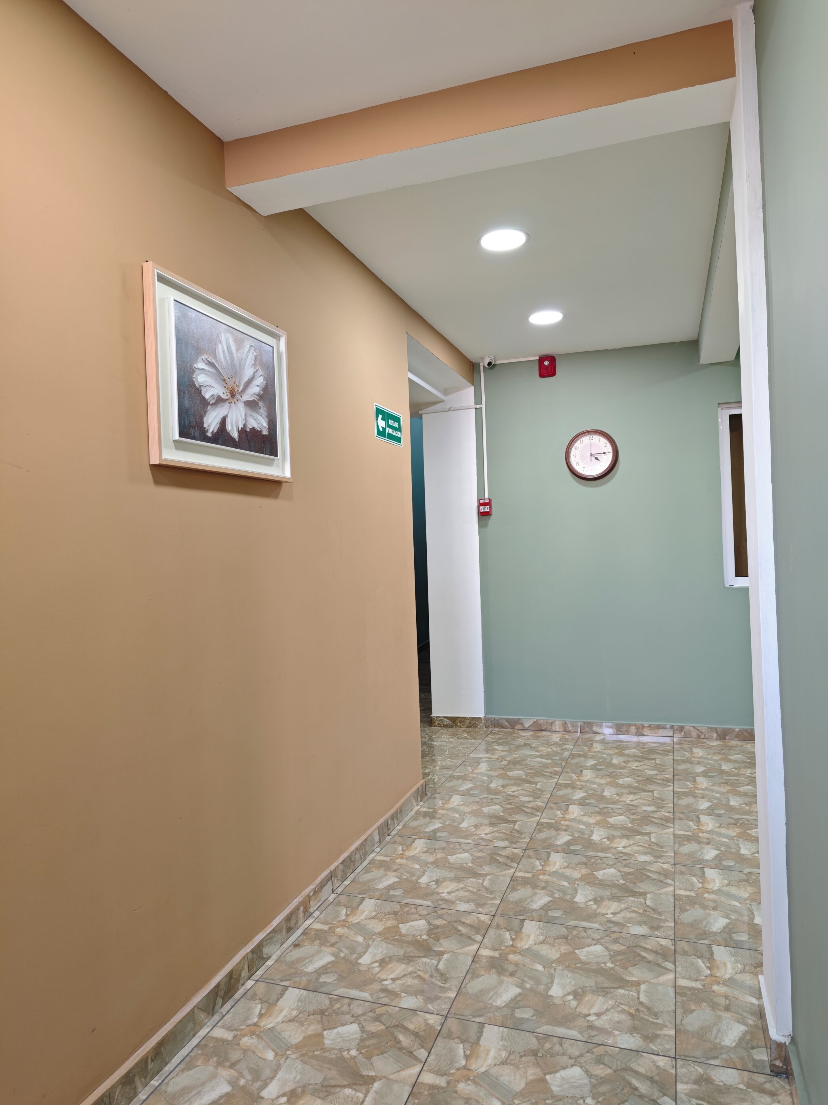 Un passadís amb un quadre emmarcat, un rellotge i un senyal de direcció.