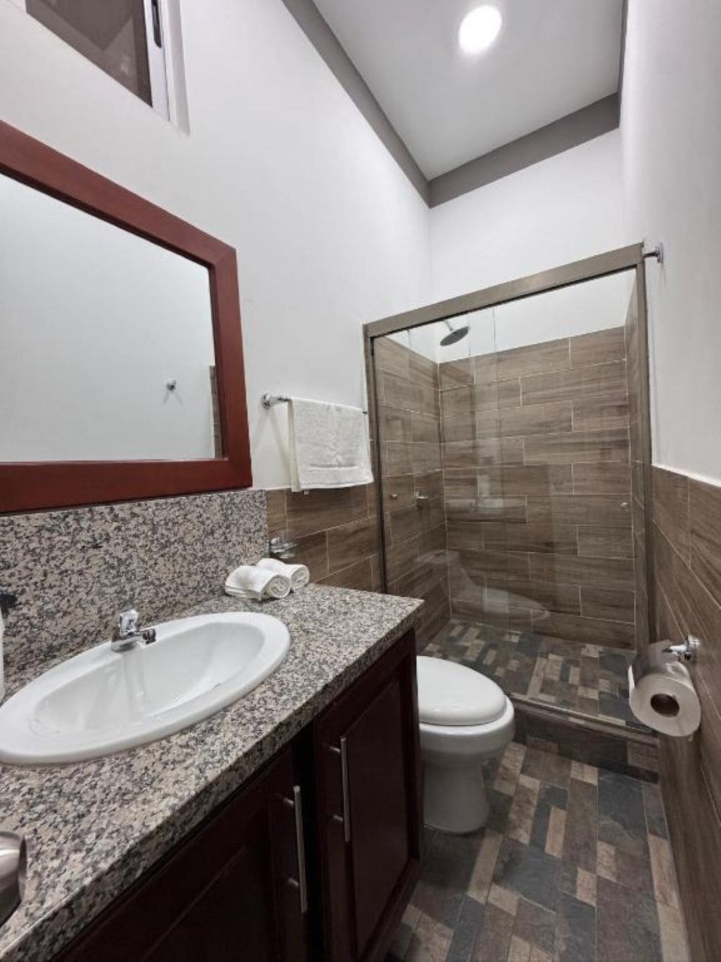 Shower, free toiletries, towels, soap