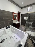 Shower, rainfall showerhead, free toiletries, towels