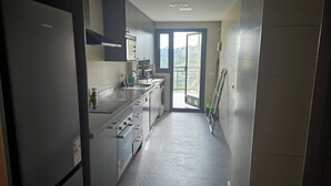 Una cocina estrecha con horno integrado, un lavamanos y un ventanal que da a un balcón.