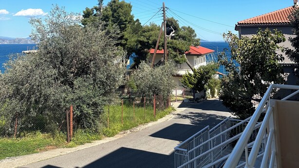 Un balcone con vista sul mare, una strada e alberi.