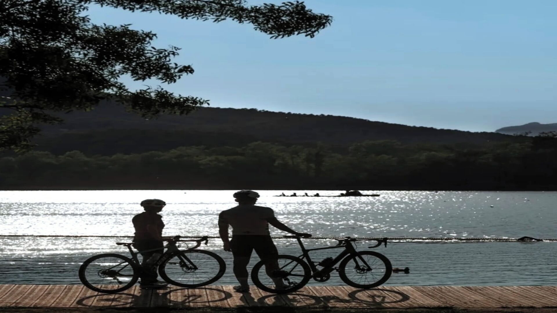 A wooden dock with bicycles and people standing by the water.