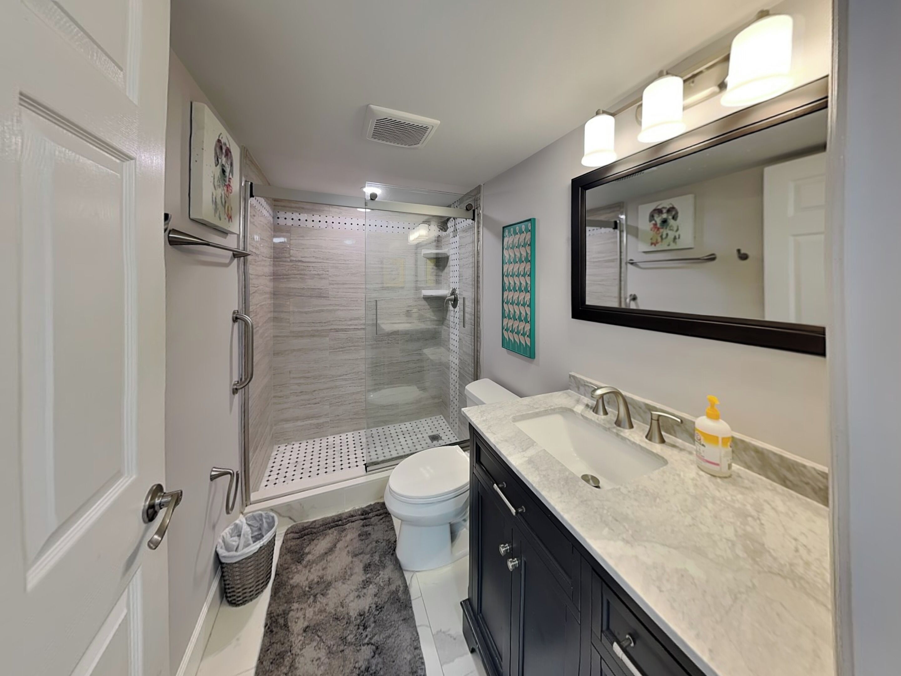 A modern bathroom with a glass-enclosed shower, a vanity with a large mirror, and a toilet.