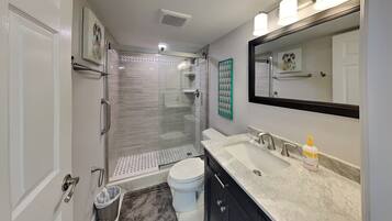 A modern bathroom with a glass-enclosed shower, a vanity with a large mirror, and a toilet.