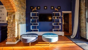 Une pièce avec un mur en pierre, un mur bleu avec des étagères, un téléviseur à écran plat et deux poufs.