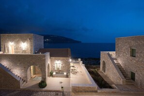 Front of property - evening/night - Alkyon Seaside Studios (East Mani)