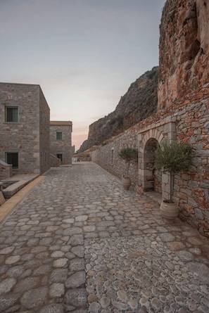 Un patio empedrado con edificios, plantas en macetas y montañas al fondo.