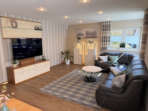 Ein modernes Wohnzimmer mit Flachbildfernseher, Ledersofa, Glastisch und einem Streifenmuster-Teppich.
