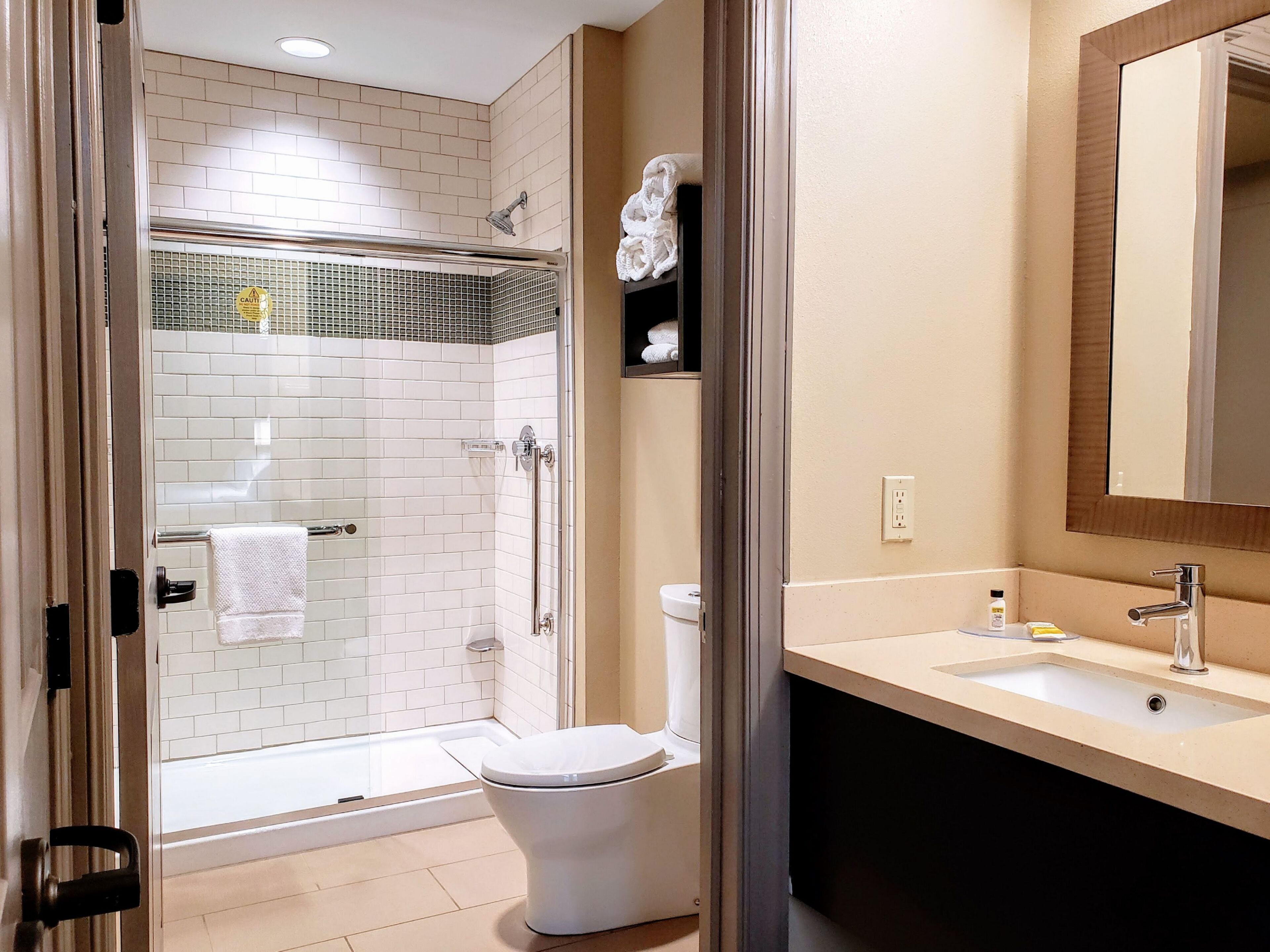 A bathroom with a glass-enclosed shower, a toilet, a sink with a mirror, and a towel rack.