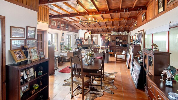 Een ruime kamer met een houten plafond, een eettafel, stoelen, een groot tapijt en een houten kast met diverse spullen.