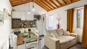 Een ruimtelijke woonkamer met een kitchenette, een eethoek en een bank.