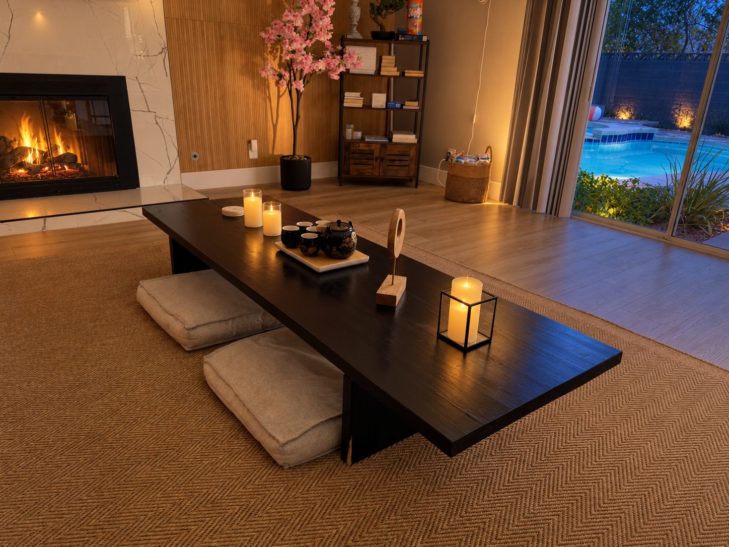 A modern living room with a fireplace, a dining table with candles, a bookshelf, and a view of a swimming pool.