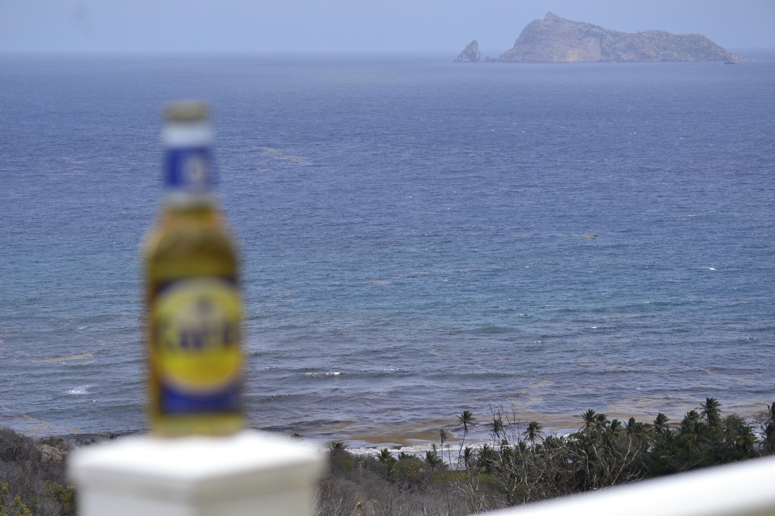 A bottle in the foreground with a view of the ocean and a distant island.