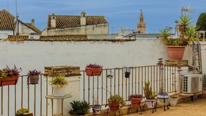 A rooftop terrace with potted plants, a white wall, and a building with a tower in the background. - Santa Cruz Monumental – Historic Center – WiFi / AC (Sevilla)