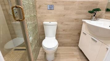 A bathroom with a toilet, a glass shower enclosure, a sink, and a small potted plant.