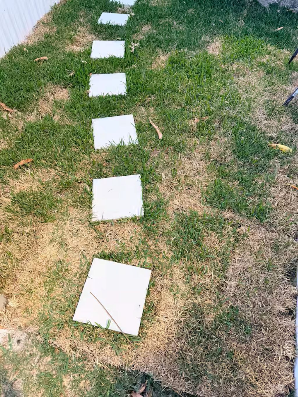 A grassy area with a series of white rectangular objects arranged in a line.