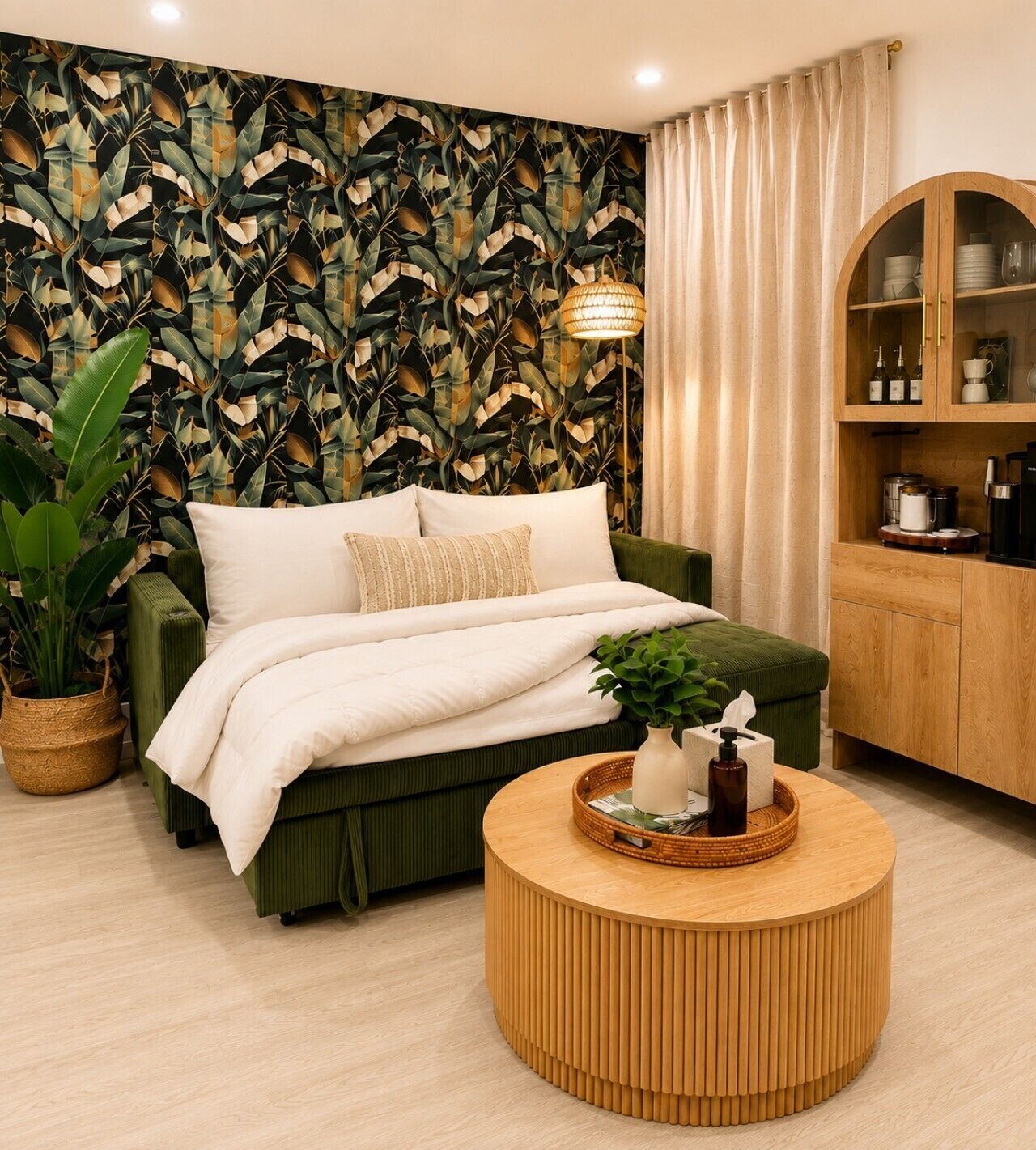 A room with a bed, a round wooden coffee table, a cabinet with kitchen items, and a wall with a leafy pattern.