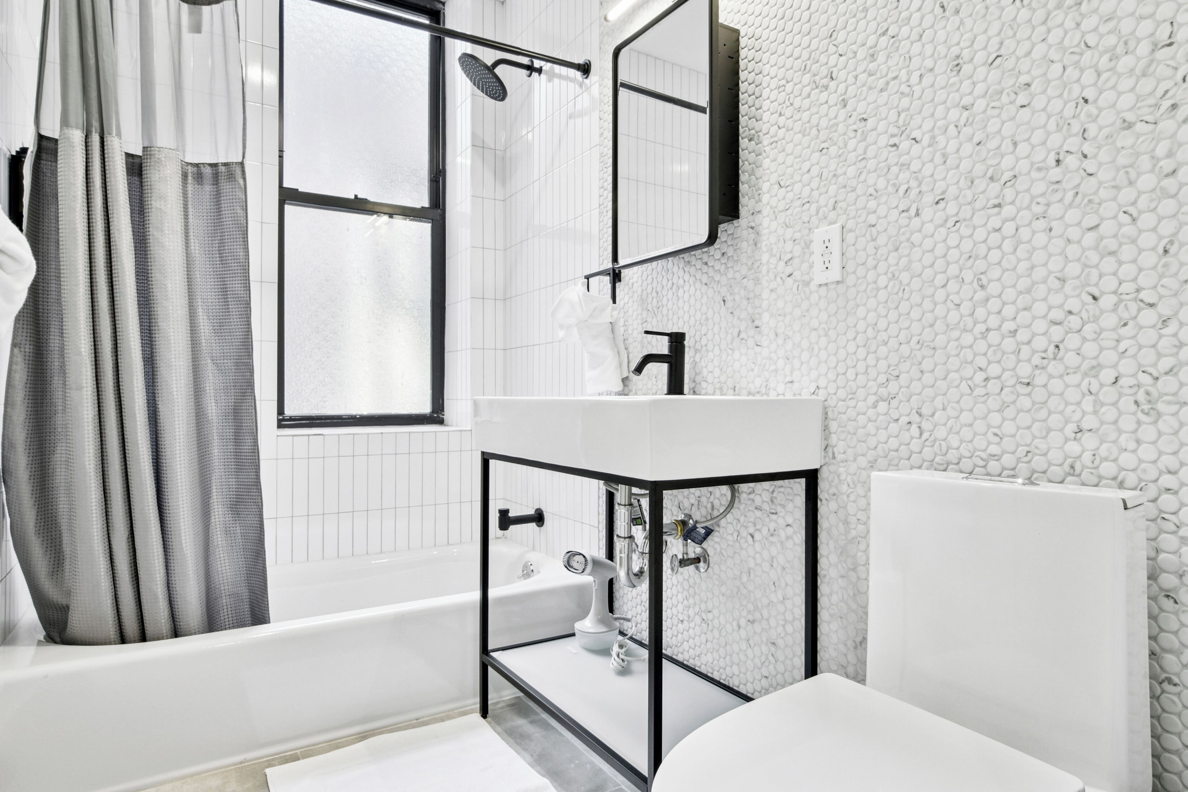 Hair dryer, towels, soap, toilet paper