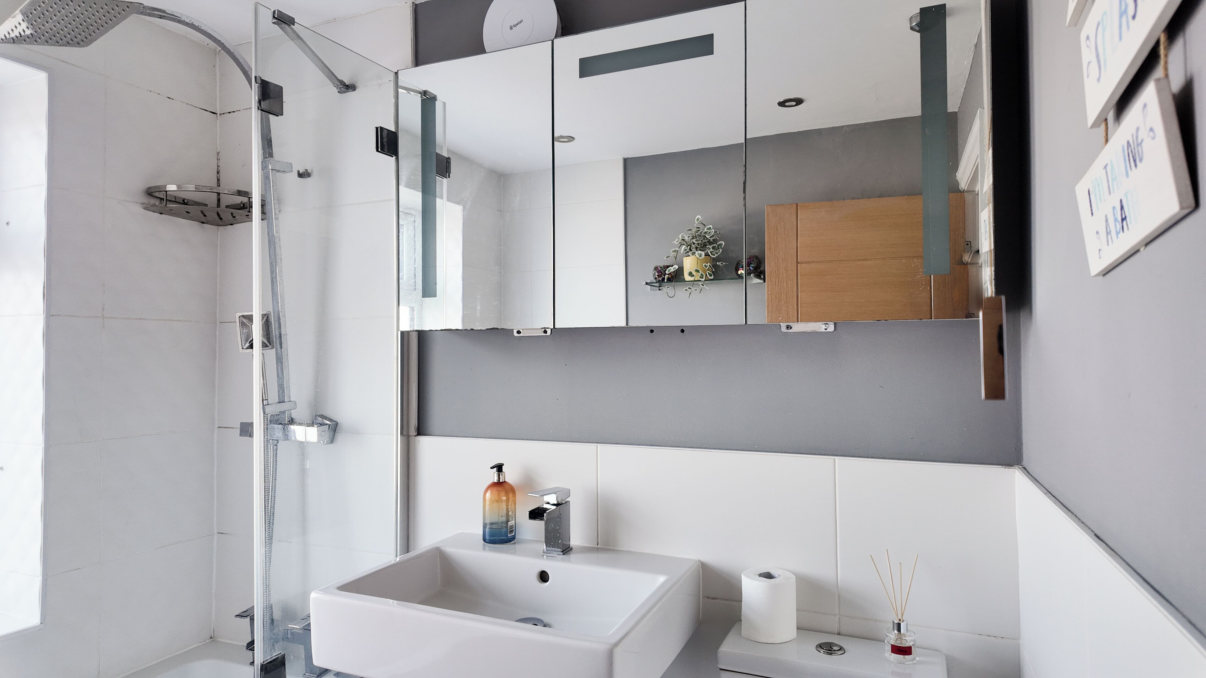 Shower, hair dryer, bidet, towels
