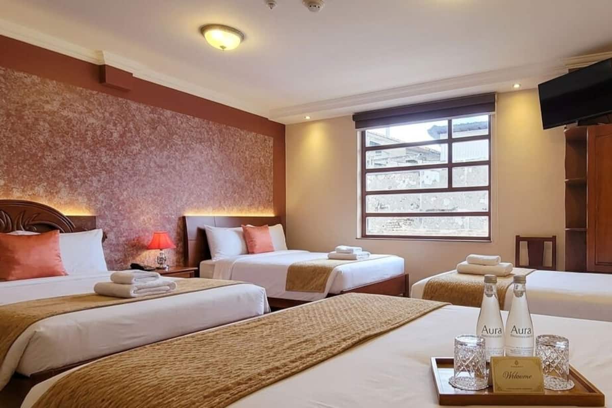 Habitación de hotel con dos camas, televisión, ventana y armario de madera.
