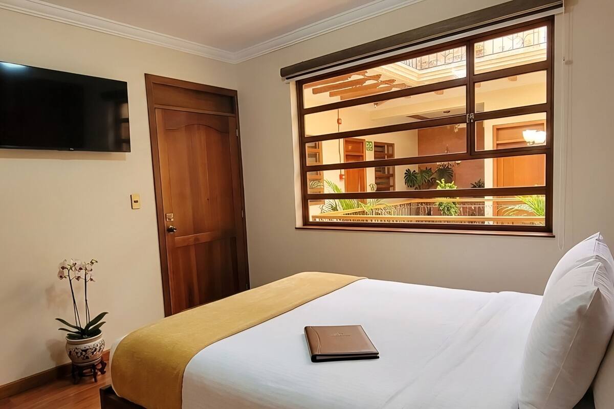 Una habitación de hotel con cama, televisión, ventana con vistas y puerta.
