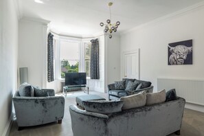 TV, fireplace - Drumnacree House | Rural Perthshire Retreat with Golf Links | Pet Friendly (Alyth)