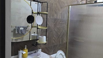 Shower, towels, soap, toilet paper