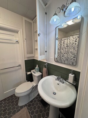 Hair dryer, towels, soap, shampoo
