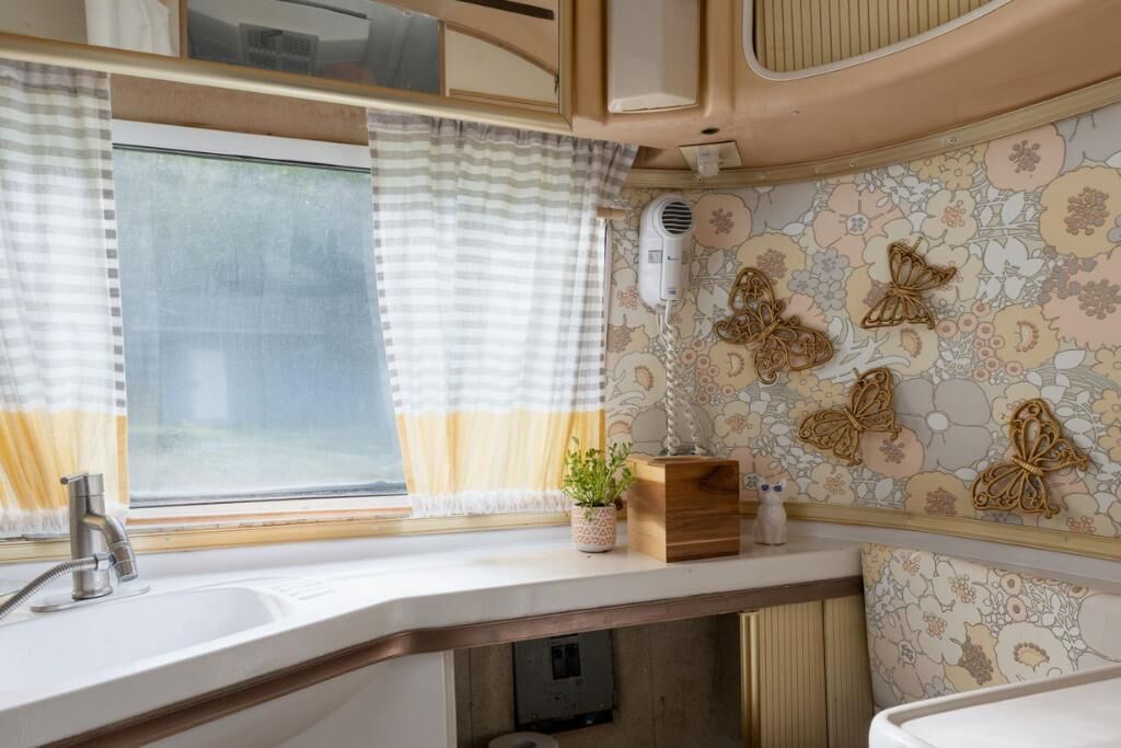 Een compact keukenhoekje met een spoelbak, een raam met gordijnen, een wandhaardroger en decoratieve vlinderdecoratie aan de muur.