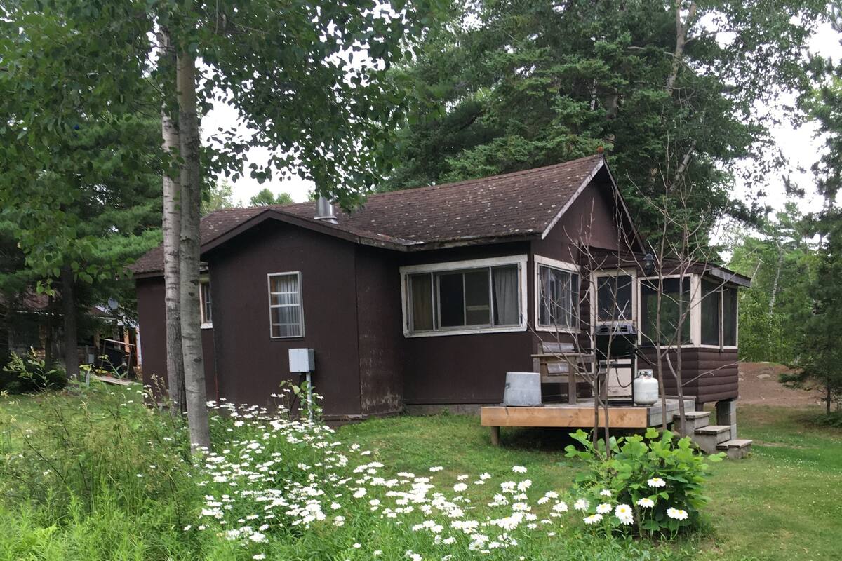 A rustic cabin with a porch, surrounded by a garden with white flowers.