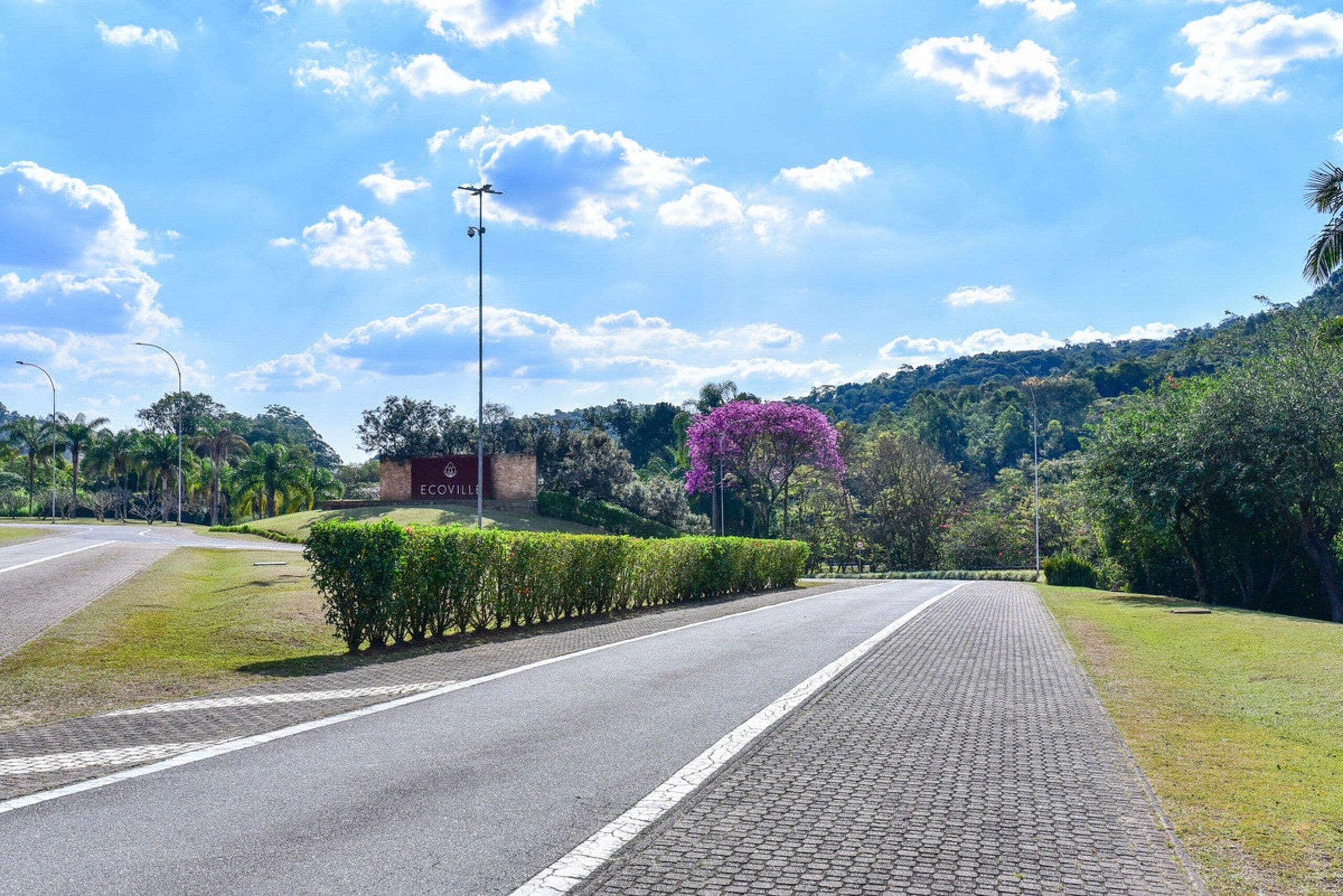 Carretera pavimentada con cielo despejado, un edificio con la leyenda 'ECOVILLE' y abundante vegetación.