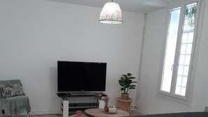 A living room with a black sofa, a flat-screen TV, a potted plant, and a window. - Welcome to your future cocoon! 54 m² house entirely renovated (Castelmoron-sur-Lot)