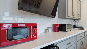 Fridge, microwave, coffee/tea maker, electric kettle